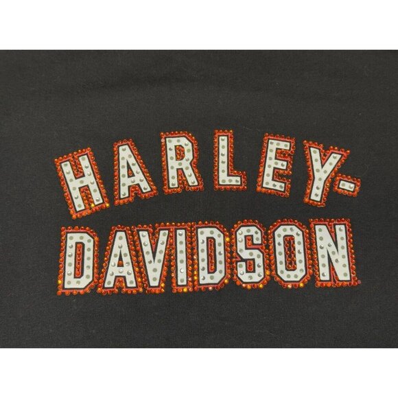 HARLEY DAVIDSON Black Womens T Shirt Black Orange Studded Bling LogoTee 20W - Picture 3 of 8